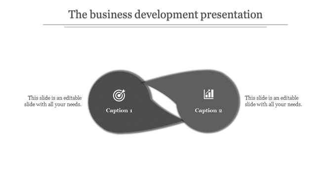 A grayscale business development PPT slide with two interconnected ovals, each containing an icon and text placeholders.