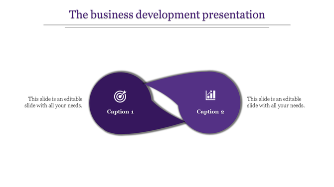 A business development PowerPoint slide with two interconnected purple ovals containing icons and captions.