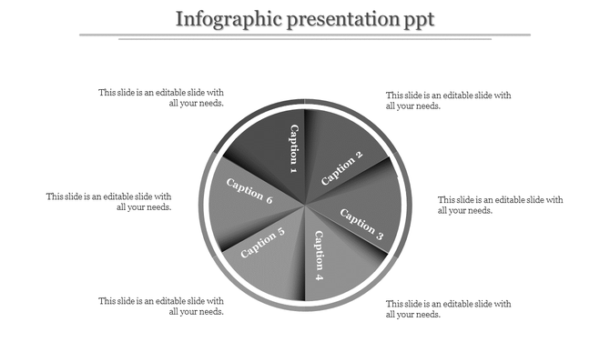 Infographic presentation with a six-segment gray circle, featuring captions positioned around the circle.