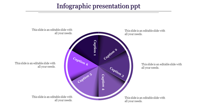 A purple circular infographic template is divided into six segments, each featuring a caption and text description.