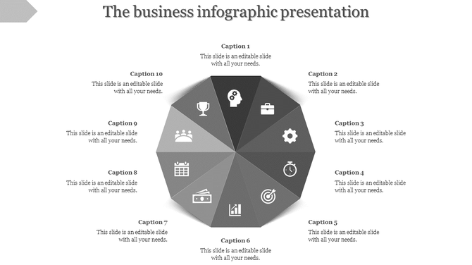 A gray business infographic presentation with ten sections featuring icons for key business areas.
