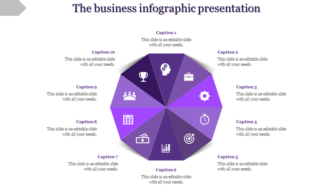 Circular infographic with ten purple segments, each featuring a white icon like a trophy, gears, and a calendar.