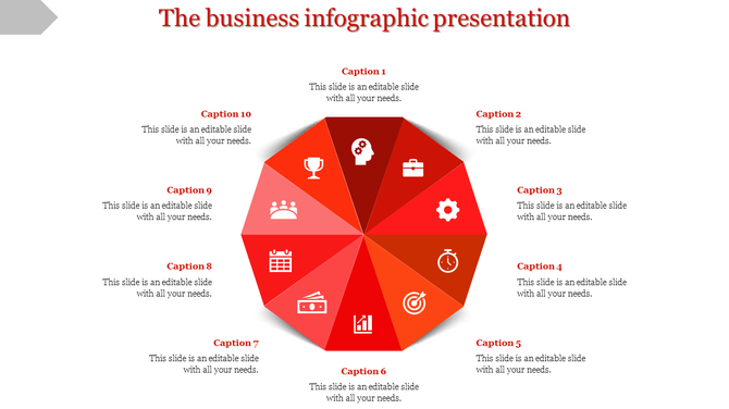 Red business infographic presentation template featuring ten sections with icons and captions.