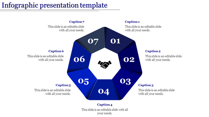 Blue-themed hexagonal infographic with seven numbered sections surrounding a central handshake symbol.