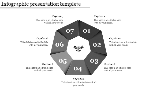 Infographic presentation template with seven gray segments, each numbered from 1 to 7, featuring captions.
