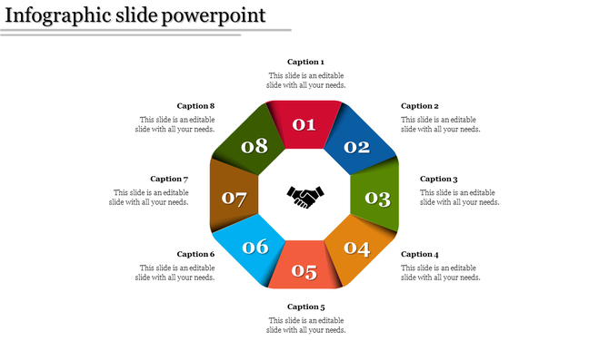 Octagonal infographic divided into eight parts, numbered 01 to 08, surrounding a central handshake icon.