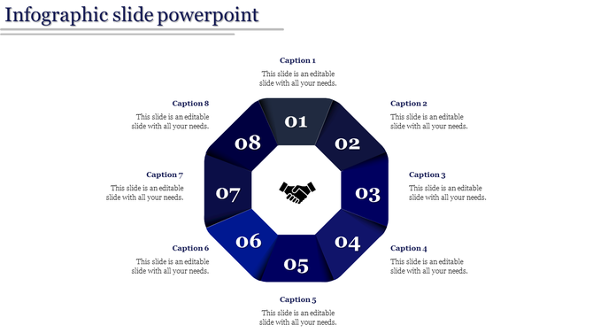 Eight sided infographic in blue with numbers 01 to 08, arranged around a central handshake symbol on a white background.