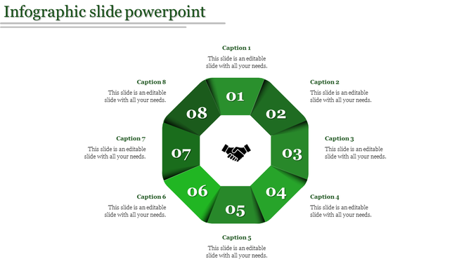 Eight-part infographic with a green octagonal layout, numbers 01 to 08, and a handshake symbol in the core.