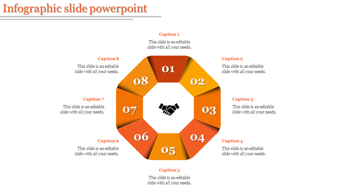Infographic PowerPoint slide with eight orange segments forming a circular layout, featuring a handshake icon in the center.