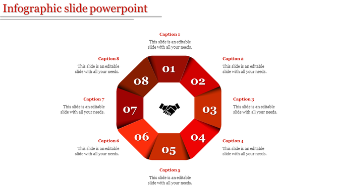 Infographic PowerPoint slide with eight numbered segments forming a circle, including a handshake graphic in the center.