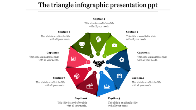 Infographic PowerPoint template with nine triangles arranged in a circular layout, each labeled with a caption and icon.