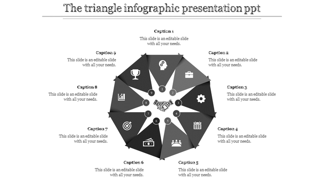 Circular infographic with nine black and gray triangular segments numbered 1 to 9, centered around a handshake icon.