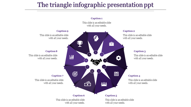 Purple circular infographic with nine triangular sections, each with icons and captions arranged around a handshake icon.