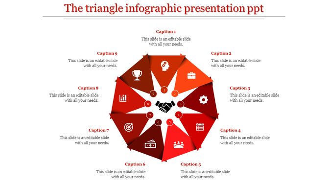 Circular infographic with nine red triangular sections numbered 1 to 9, centered around a handshake icon.