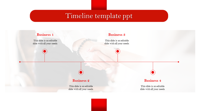 Minimalistic timeline design with red nodes and labels for four business stages, placed on a handshake background.