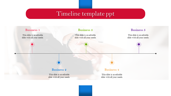 Color-coded timeline template with five stages, featuring red, blue, green, orange, and purple markers for milestones.
