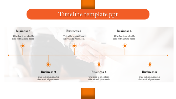 Horizontal orange timeline with six milestones labeled Business 1 to Business 6, each marked with circular icons and captions.