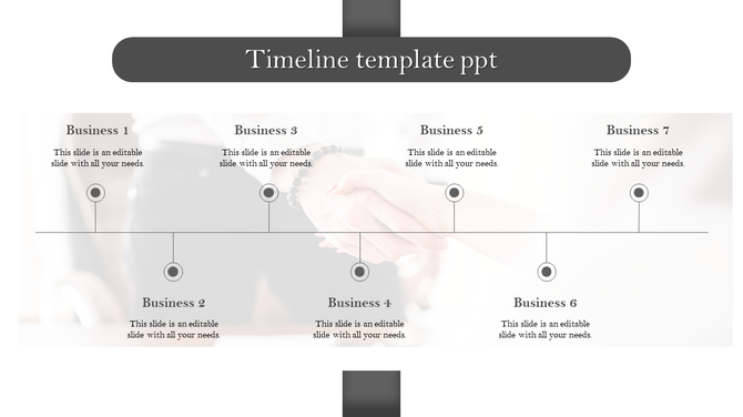 Gray themed timeline PPT slide with seven milestones labeled for different business events, connected to a horizontal line.