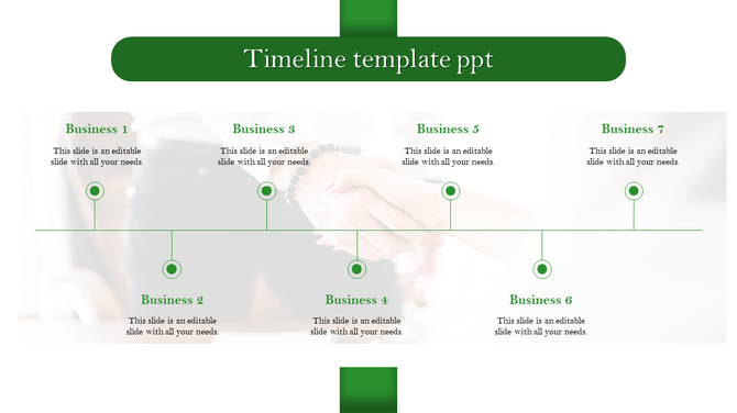 Green themed timeline template with seven milestones, labeled 1 to 7, connected by a horizontal line.