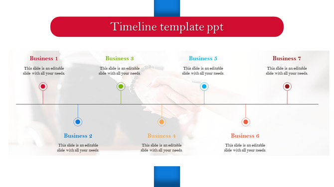 Timeline template with a horizontal black line and color-coded circles marking seven milestones for businesses.