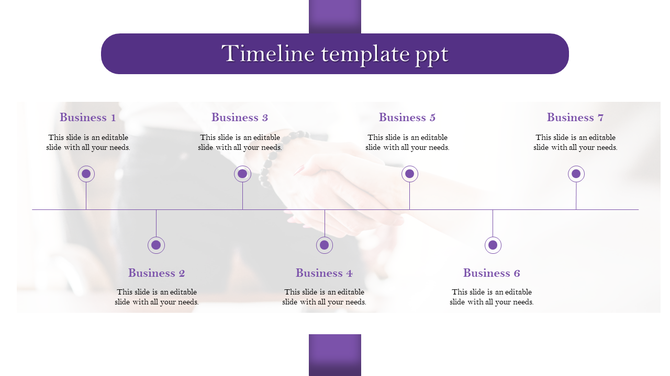 Purple themed timeline PowerPoint template with milestones for seven businesses, evenly spaced along a horizontal timeline.