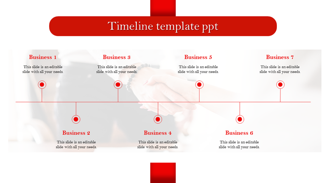 Horizontal timeline slide featuring seven red circular nodes, each with a label and descriptive caption for business phases.