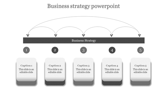 Grayscale-themed business strategy layout with captions numbered 1 to 5 beneath a horizontal bar.
