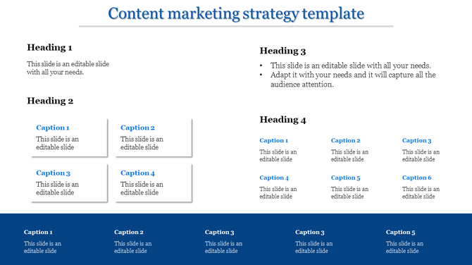 Content marketing strategy template featuring multiple headings and captions with placeholders in a blue themed layout.