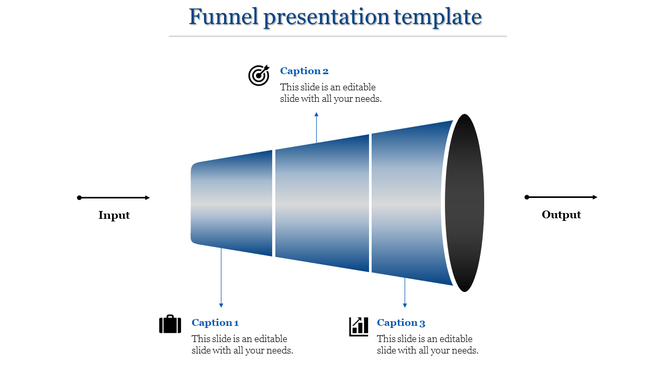 Blue funnel diagram showing input and output, with three labeled sections, and corresponding icons for each segment.