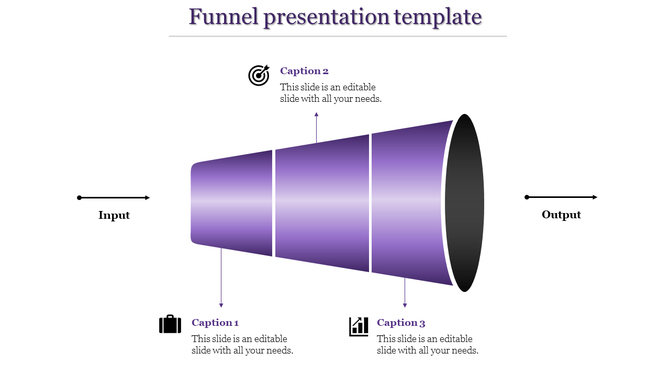 Funnel infographic in purple with three segments, input and output arrows, each with captions and icons.