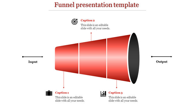 Funnel template with red gradient sections showing process flow from input to output with labeled captions.