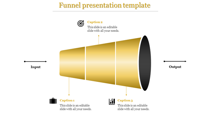 Funnel presentation template with gold sections illustrating input, process, and output.