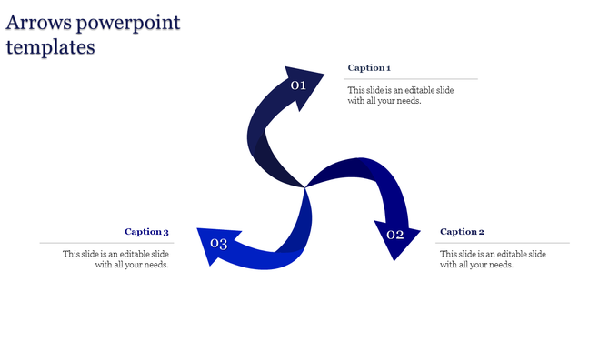 Three blue gradient arrows form a circular flow diagram for PowerPoint presentations with captions.