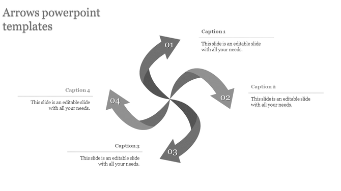Gray swirl shaped infographic with four arrows pointing outward and captions placed around the design.