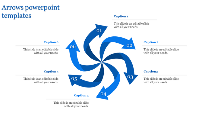 Spiral flow PowerPoint template with six blue curved arrows and captions for process illustration.