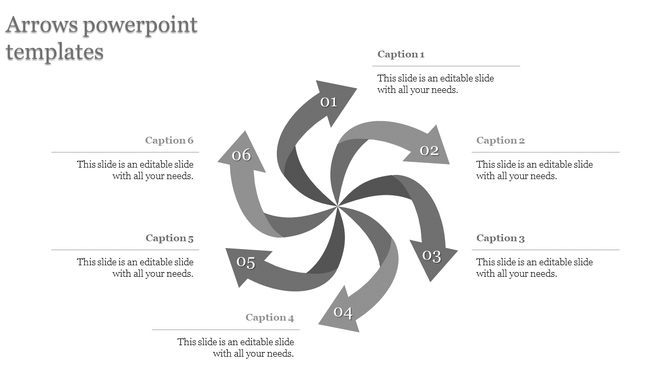 Gray swirl shaped infographic with six arrows pointing outward and captions evenly distributed around the design.