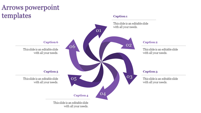 Circular purple arrow infographic with six labeled segments, each paired with a caption areas for six steps.