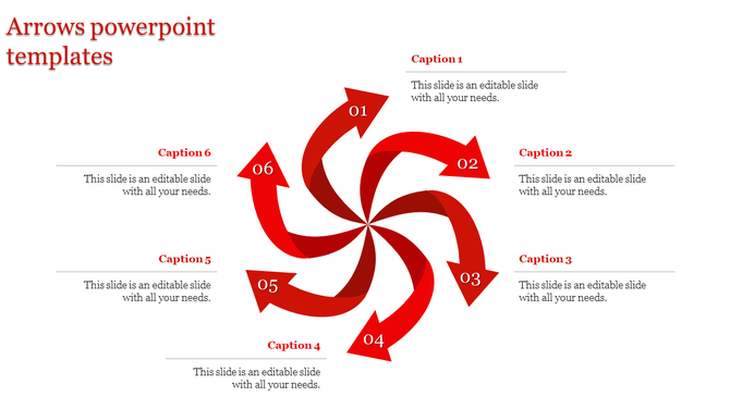 Spiral arrow PowerPoint template featuring six red curved arrows with captions.