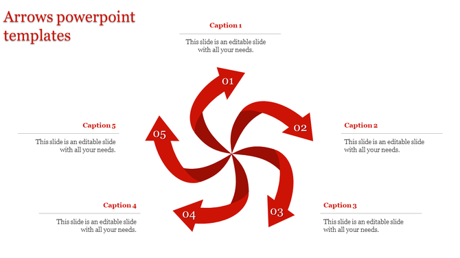Circular red arrows forming a spiral, numbered 01 to 05, with captions placed around the design for PPT presentations.