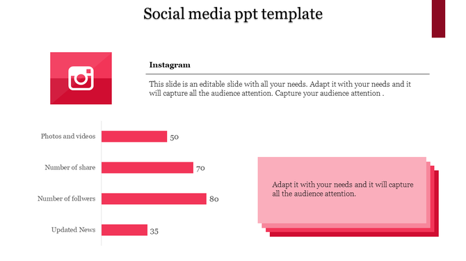 Social media slide with a red Instagram logo, bar charts, and a pink text box for audience insights.