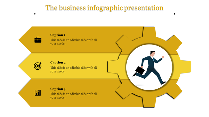 Gold themed business infographic with three steps, icons, and a gear illustration featuring a running businessman.