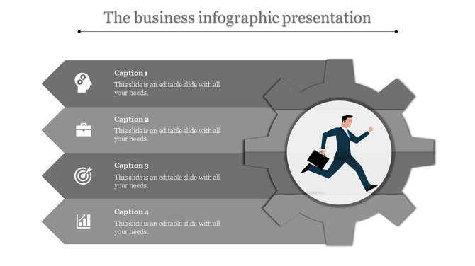 Gray themed business infographic slide featuring a central gear with a running businessman and captions.