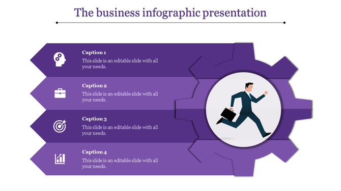 Purple business infographic with step by step captions and a central gear featuring a professional running figure.