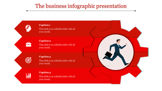 Red business infographic with four arrow sections, icons, captions, and a central gear showing a running man in a suit.