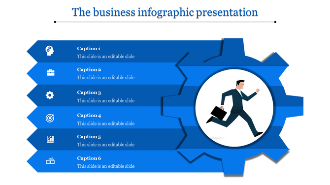 Blue infographic with six horizontal segments and icons on the left, featuring a running man inside a gear on the right.