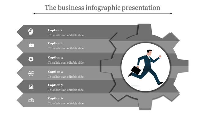 Business infographic with gray chevrons pointing to a central gear design, each chevron containing caption areas.