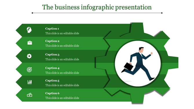 Green themed business infographic with six captions and a central gear showing a running professional, representing progress.