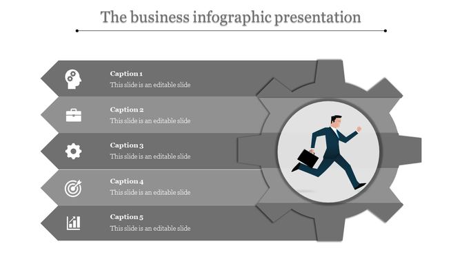 Business infographic with gray arrows, icons, and captions, leading to a gear shape with a man in a suit running.