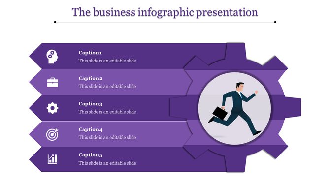 Purple infographic template with five sections, icons, and a gear illustration featuring a running businessman in the center.