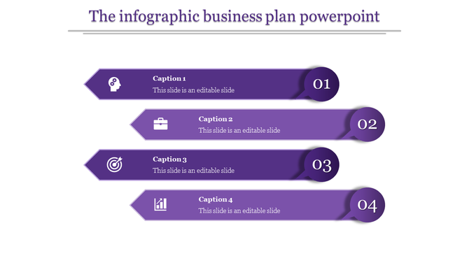 Business plan infographic in purple with numbered arrow banners and icons for planning, work, goals, and analytics.